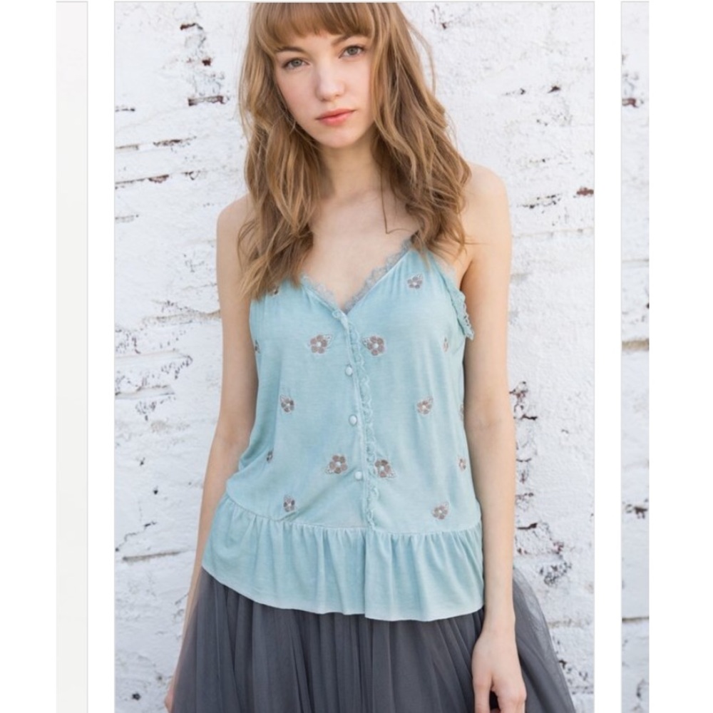 Aqua blue lace embroider adjustable strap tank